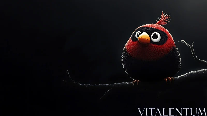 Cute Cartoon Red Bird Perched on Dark Branch, Digital Art.
