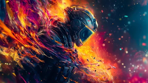 Starborne pyromancer pilot wrapped in neon solar flares.