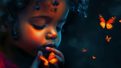 Portrait with Luminescent Monarch Butterflies and Bilateral Warm Rim Lighting