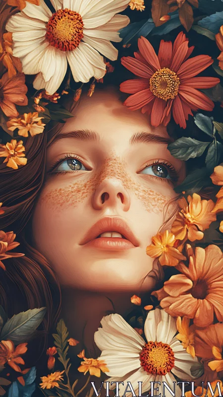 Freckled girl gazes upward amid vivid autumn blossoms.