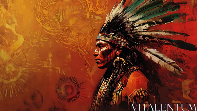 Profile portrait of indigenous chief in feathered headdress.