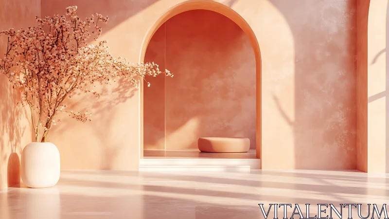 Soft peach archway sanctuary with blossoms and quiet light.