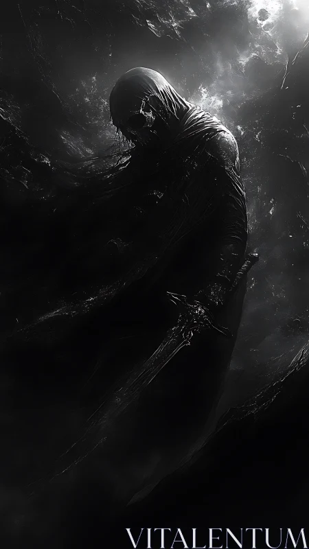 Shrouded wraith knight emerges from void in monochrome chiaroscuro