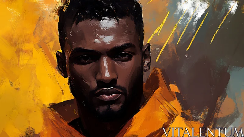 Intense painted portrait glows against bold abstract amber haze