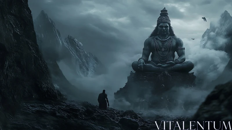 Giant seated deity statue dominates misty mountain pass.