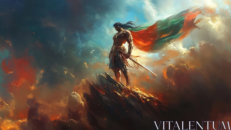 Warrior king on blazing peak under storm-swept sky.