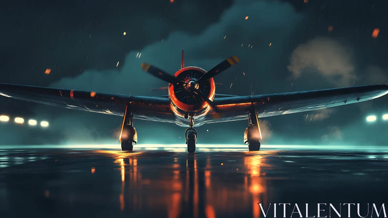 Warbird prop plane glows on rain‑slick night runway.