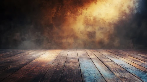 Textured wooden stage plane under diffuse amber studio lighting.