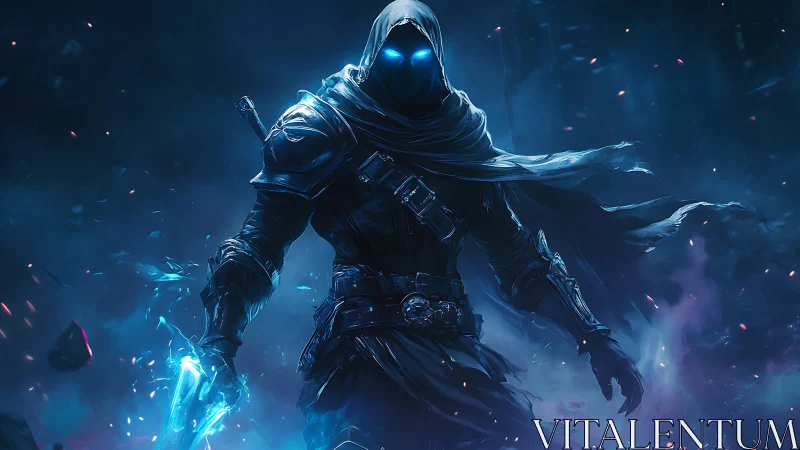 Hooded spectral assassin wields glowing frost blade.
