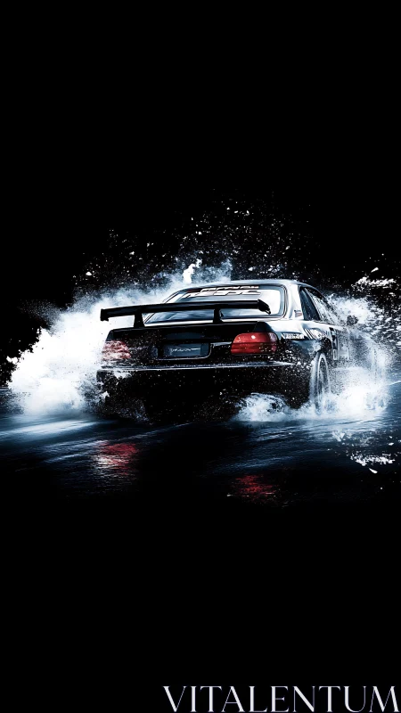 Midnight drift machine shredding water on obsidian asphalt.