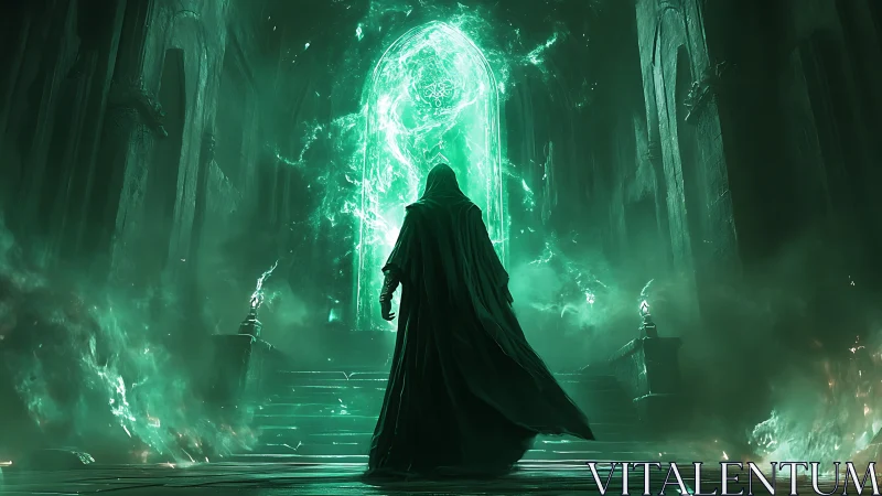 Hooded sorcerer approaches radiant emerald arcane gate