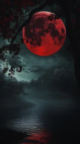 Lunar eclipse over misted river in high-contrast chromatics.