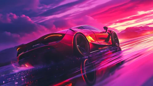 Futuristic sports car on wet road under neon sunset sky.