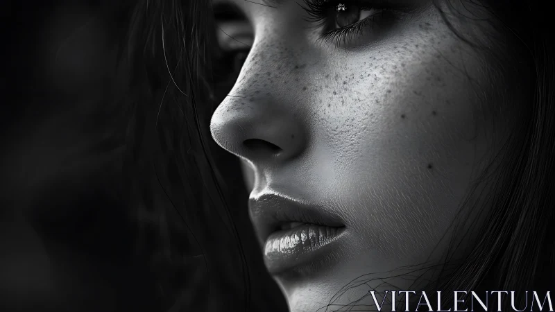 Softly lit freckled profile capturing quiet emotion.