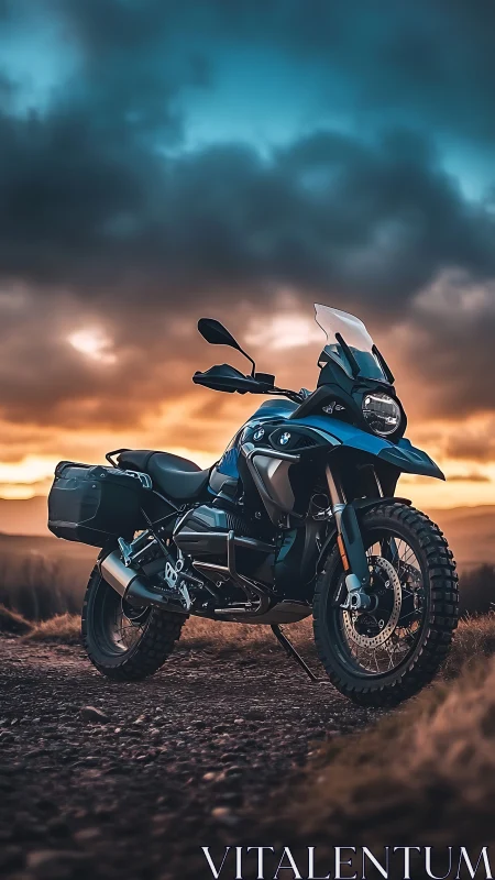 Adventure touring motorcycle under dramatic sunset sky.