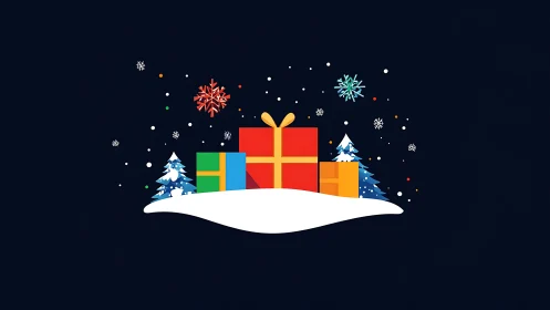 Colorful Christmas gifts glow on snowy winter hilltop