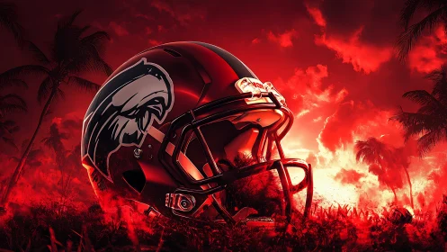 Crimson football helmet under blazing tropical skies.