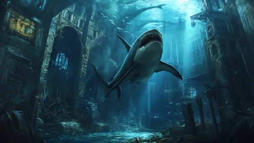 Predatory shark patrolling submerged ruins in teal light.