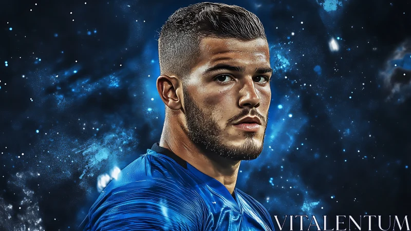 Digital portrait of focused male athlete in blue jersey.