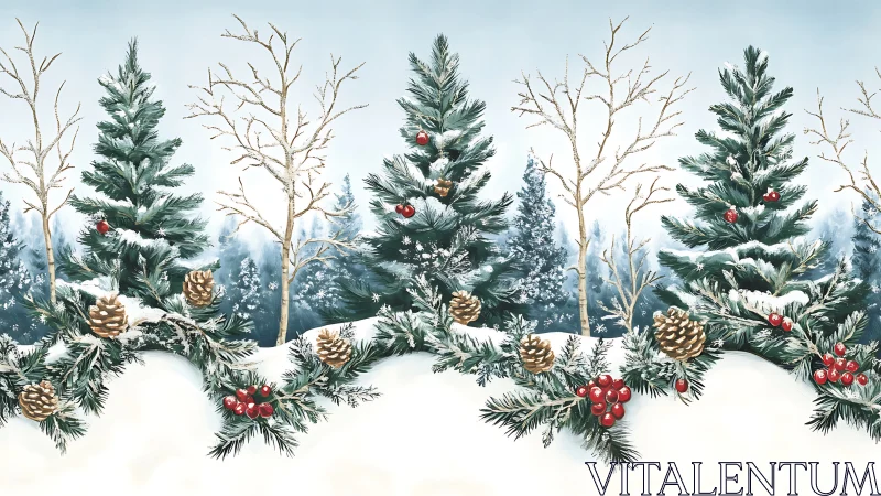 Snow-covered conifer trees with pinecones and red berries.