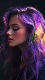 Neon siren in profile, dreaming beneath prismatic storms.