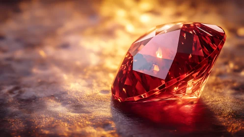 Red faceted gemstone on reflective surface under warm light.
