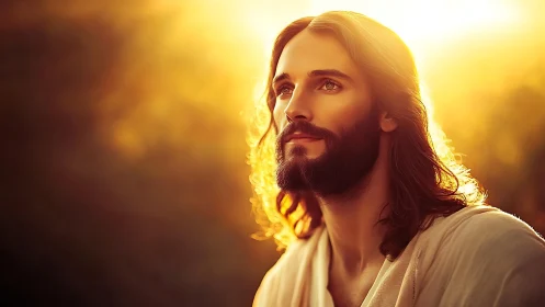 Serene bearded man gazes upward in radiant golden light
