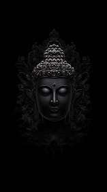 Midnight Buddha drifts from shadow, crowned in silver blooms