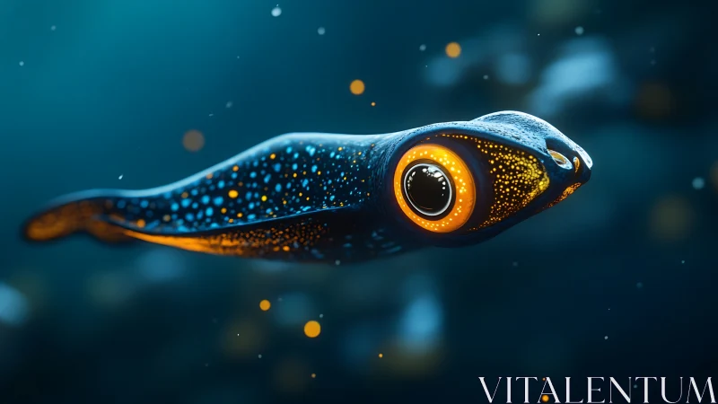 Bioluminescent aquatic creature swims in deep blue water