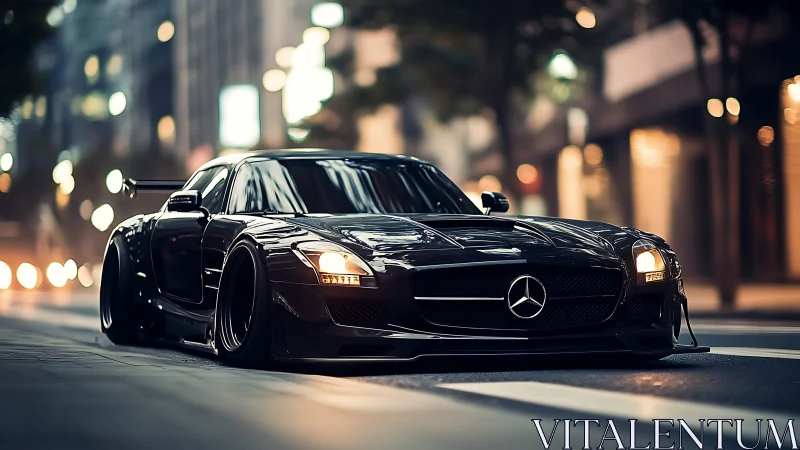 Sleek black sports car gliding through soft city lights.