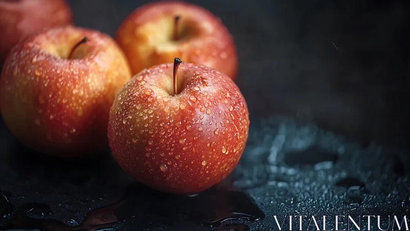 Dewy red apples resting on a dark, softly gleaming table.