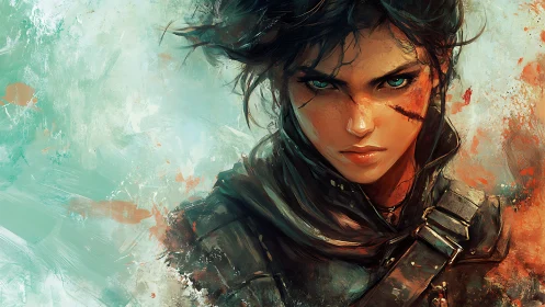 Fierce warrior gazes ahead with stormy, determined eyes