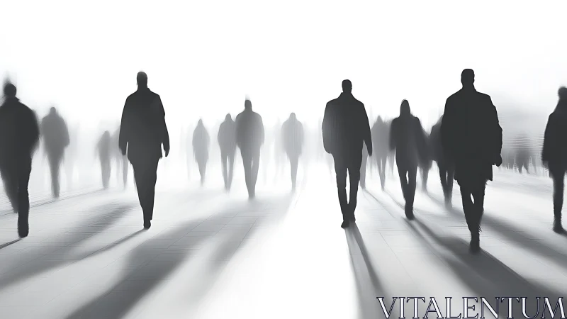 Silhouetted pedestrians walk through hazy backlit corridor