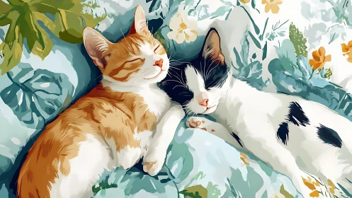 Two Cozy Cats Basking on a Floral Garden Bed.