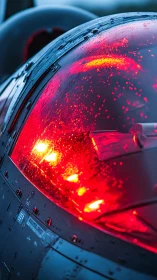 Rain-bright fighter canopy glowing like a molten comet.
