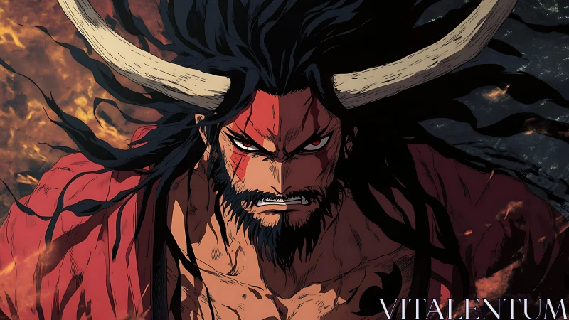 Horned warrior unleashes fierce power amid raging flames.