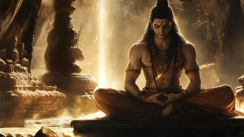 Seated ascetic in cave temple interior with warm light.