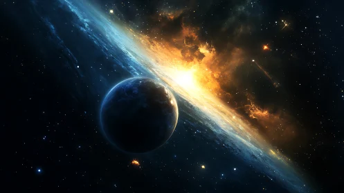 Distant planet aligned with bright galactic explosion scene.