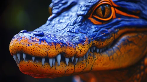 Vibrant blue orange crocodile head in tight close-up.