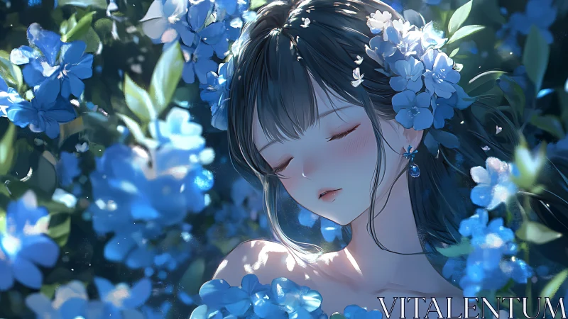 Nocturnal floral immersion with softly lit anime portrait.