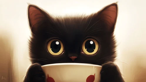 Felid Portrait With Luminous Ocular Features And Ceramic Vessel Iconography.