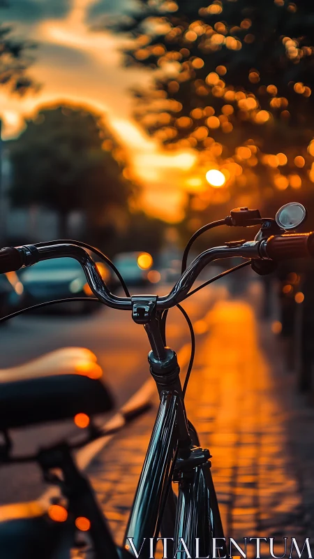 Bicycle handlebar at dusk with blurred urban street lights.