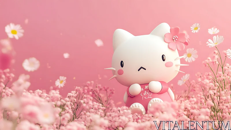 Pastel kitten figurine amid dreamy pink flower field.