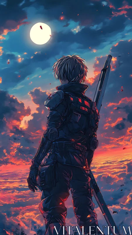 Lone armored warrior contemplates a burning neon twilight sky