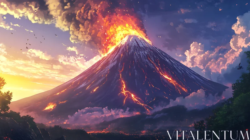 Fiery volcanic peak erupts warmly against a glowing sky