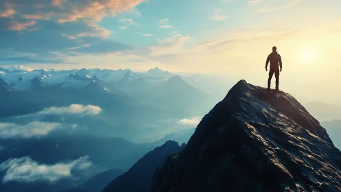 Silhouetted climber surveys luminous sunrise over vast peaks.