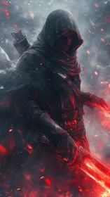 Hooded fireblade warrior strides through embers and frost