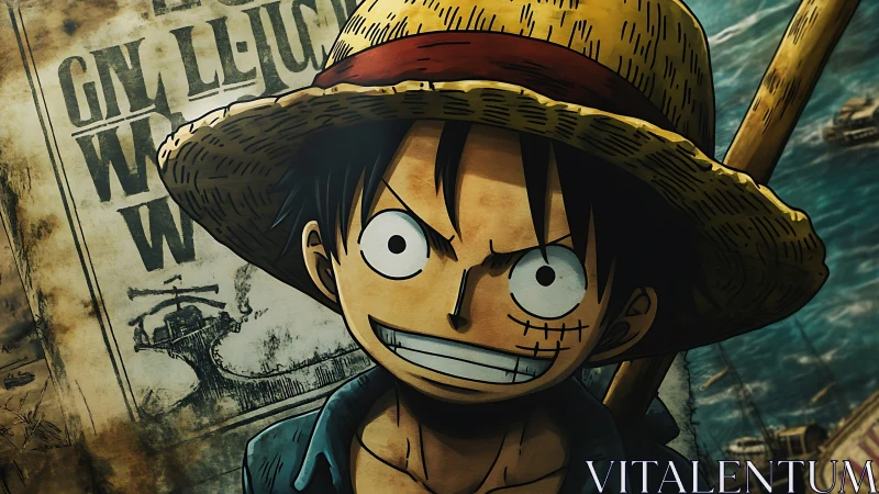 Straw-hatted rogue grins against stormy pirate wanted poster.