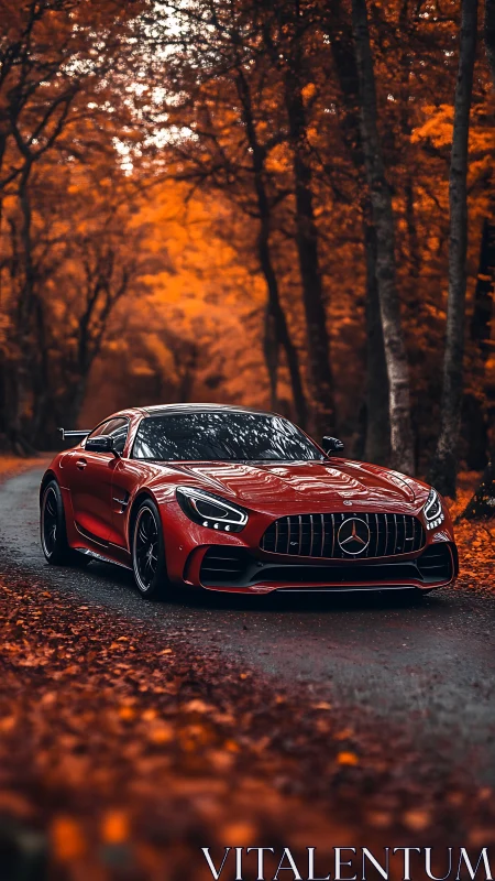 Crimson sports car cruising through a glowing autumn forest.