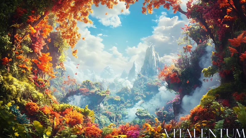 Dense fantasy valley landscape is framed by autumn foliage